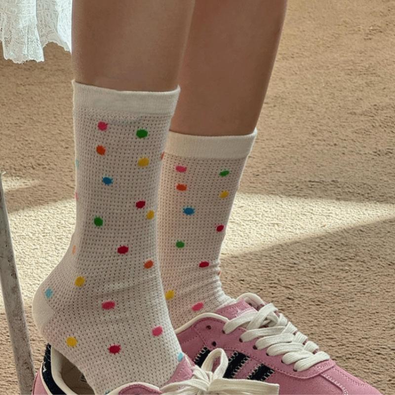 Girls Colorful Polka Dot Striped Socks Kids Mid Calf Socks Ins Trendy Pure Cotton Summer Thin Mesh Breathable Long Spring Summer