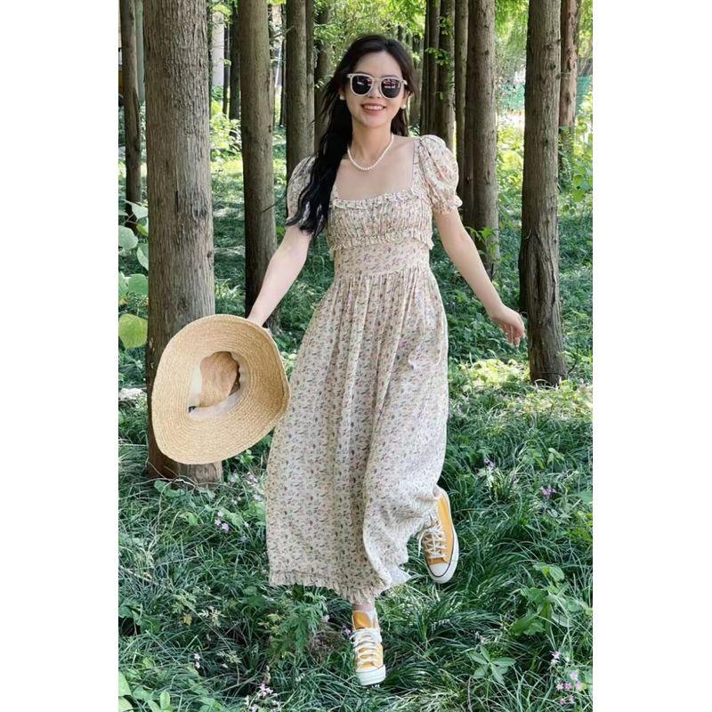 

Fresh French Pastoral Oil Painting Sense Square Collar Dress Small fresh flowers L