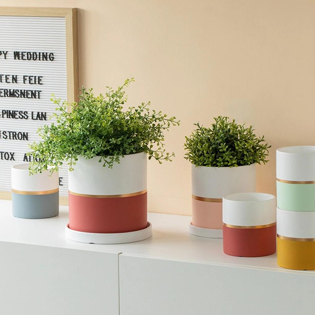 17/14/11cm Ceramic Flower Pots With Ceramic Tray for Indoor Succulent Plants Flower Cactus Office Home Garden Kitchen Decor Gift