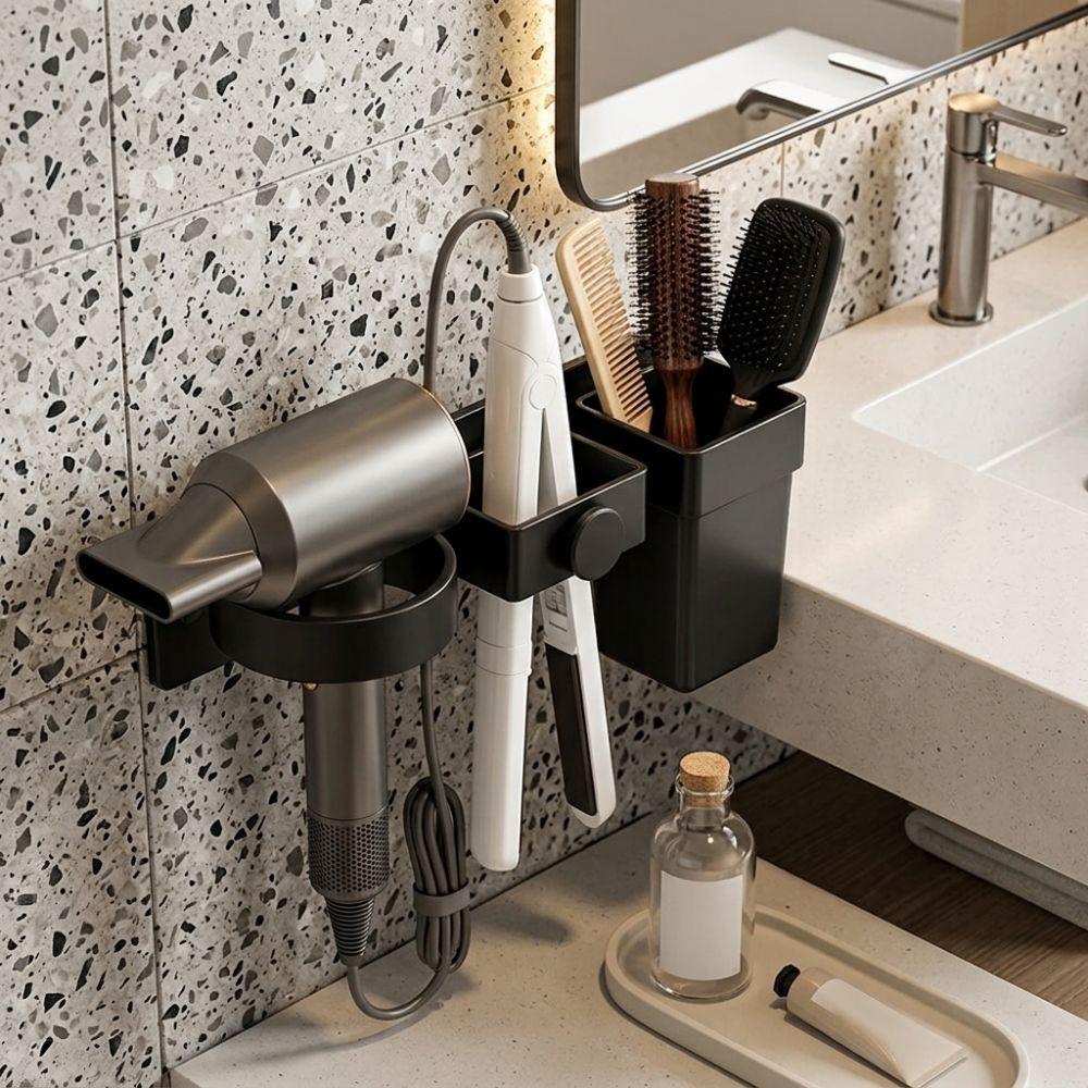 Detachable Cup Wall Mount Hair Dryer Holder Multi-Slot Curling Iron Storage Rack Vanity Counter