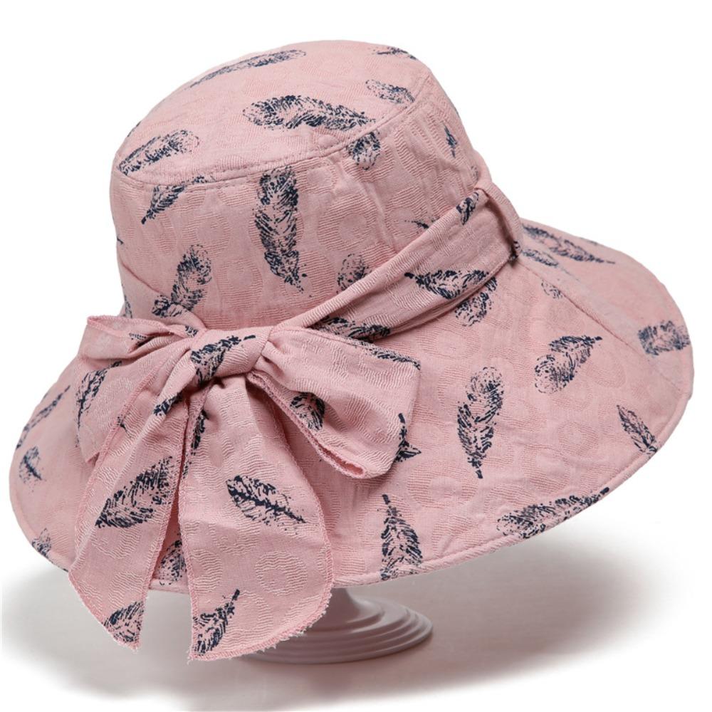 

Trendy Foldable Women s Bow Sun Hat Feather Pattern UV Protection Fisherman s Hat Breathable Wide Brim Dome Hat Summer Outdoor