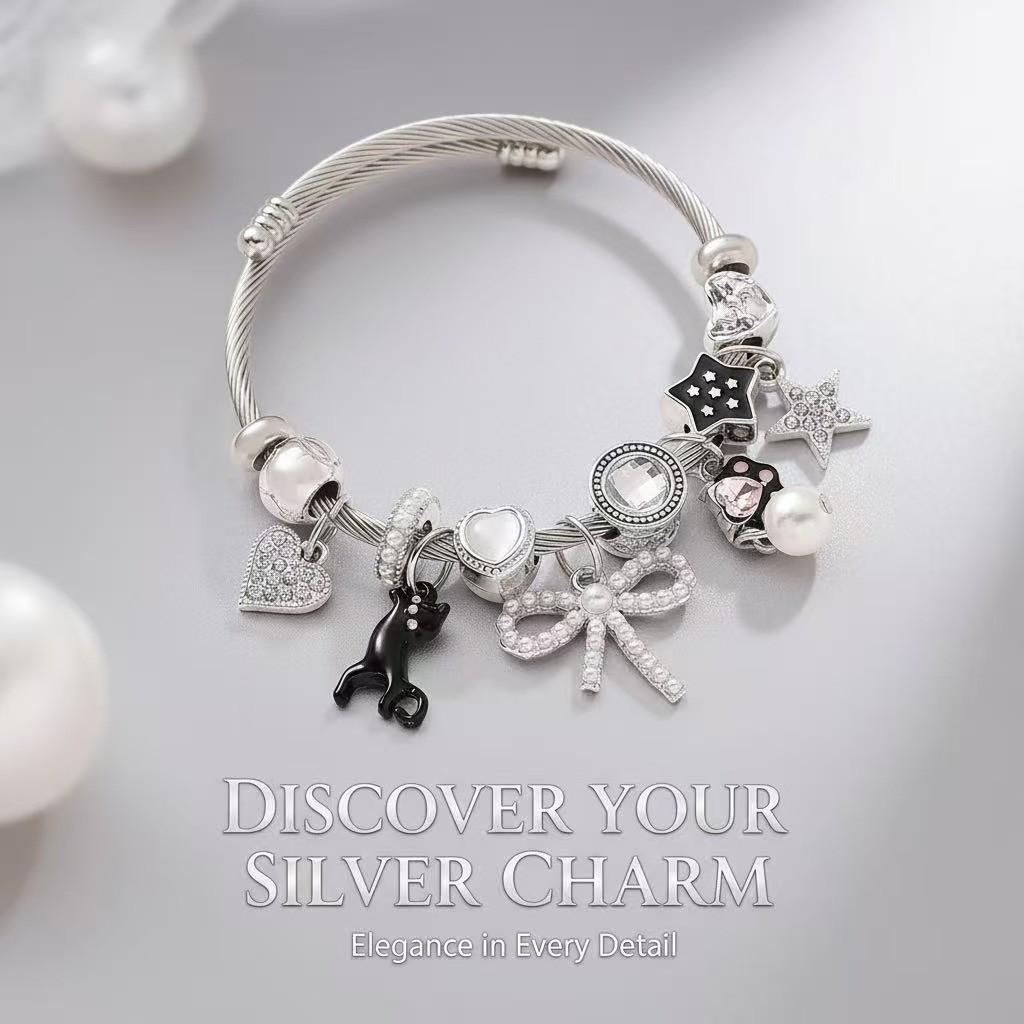 Stainless Steel Cat Bowknot Star Charm Bracelet For Fashion Casual Wear