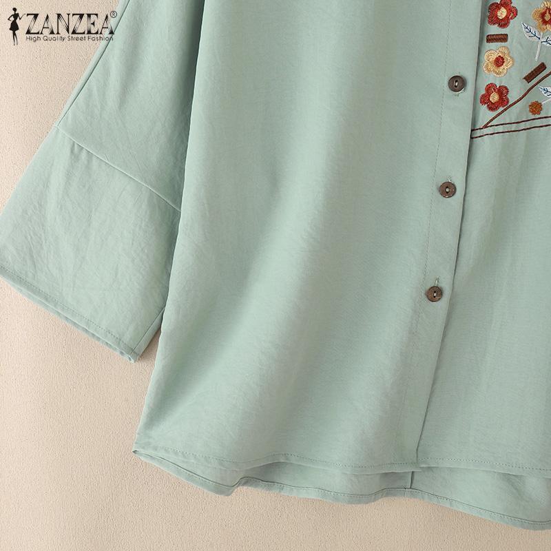 ZANZEA Women Turn Down Collar 3/4 Sleeve Loose Embroidery Blouse