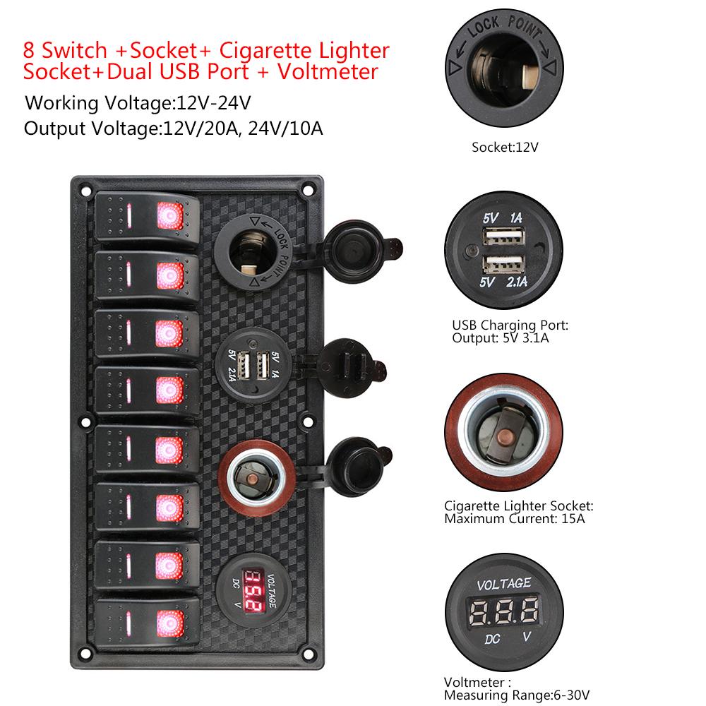 12V/24V voltmetru digital auto Marine RV Circuit întrerupător LED 8 Gang comutator panou multifuncțional Dual USB brichetă soclu