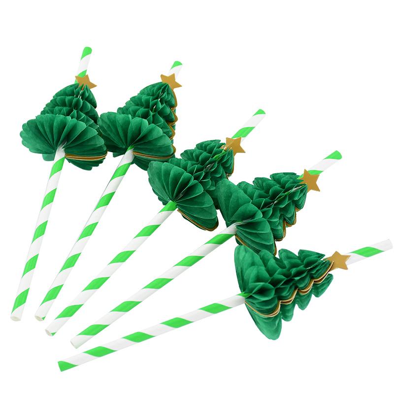 10Pcs 3D Christmas Tree Paper Straws Christmas New Year Holiday Party Decoration Supplies Juice Drinking Straws
