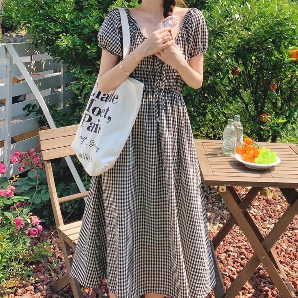 Summer Commuter Style Plaid Bubble Sleeves Square Neck Dress Women's Fashion High Waist Thin Beach Lace-up A-word Long Dress
