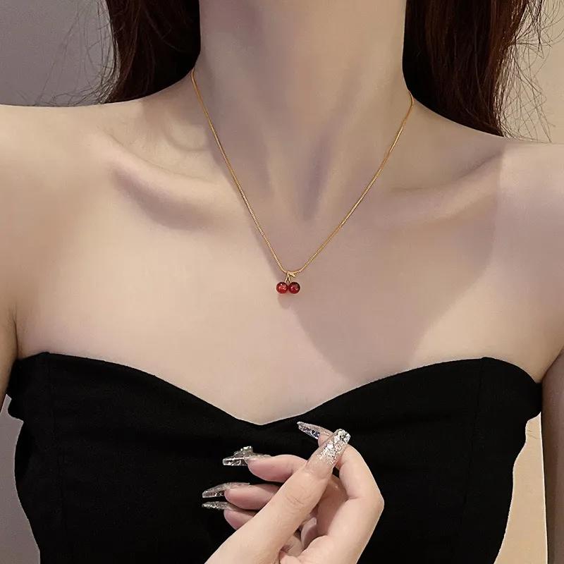 Little Wine Red Cherry Pendant Necklaces For Women Fashion Personality Fruit Golden Chain Necklace Party Zircon Birthday Gifts