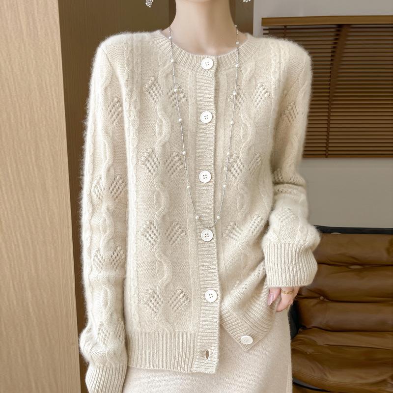 Round-neck Knitted Cardigan for Autumn and Winter, New Style with Twisted and Perforated Loose Thickened Coat