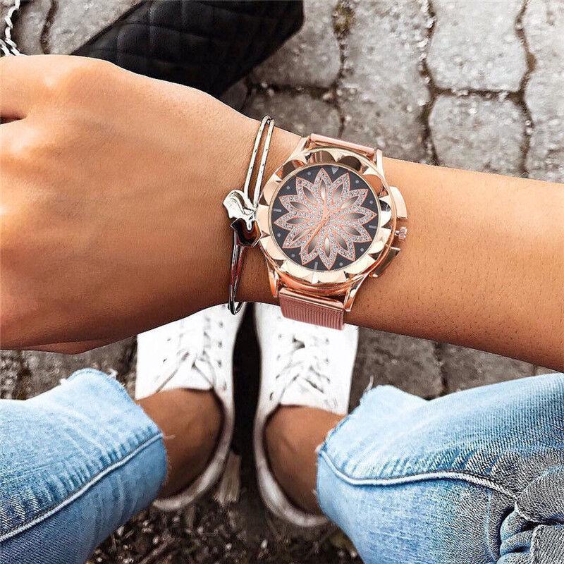 Gold Rose Crystal Flower Women Watches Ladies Quartz Alloy Mesh Watch New