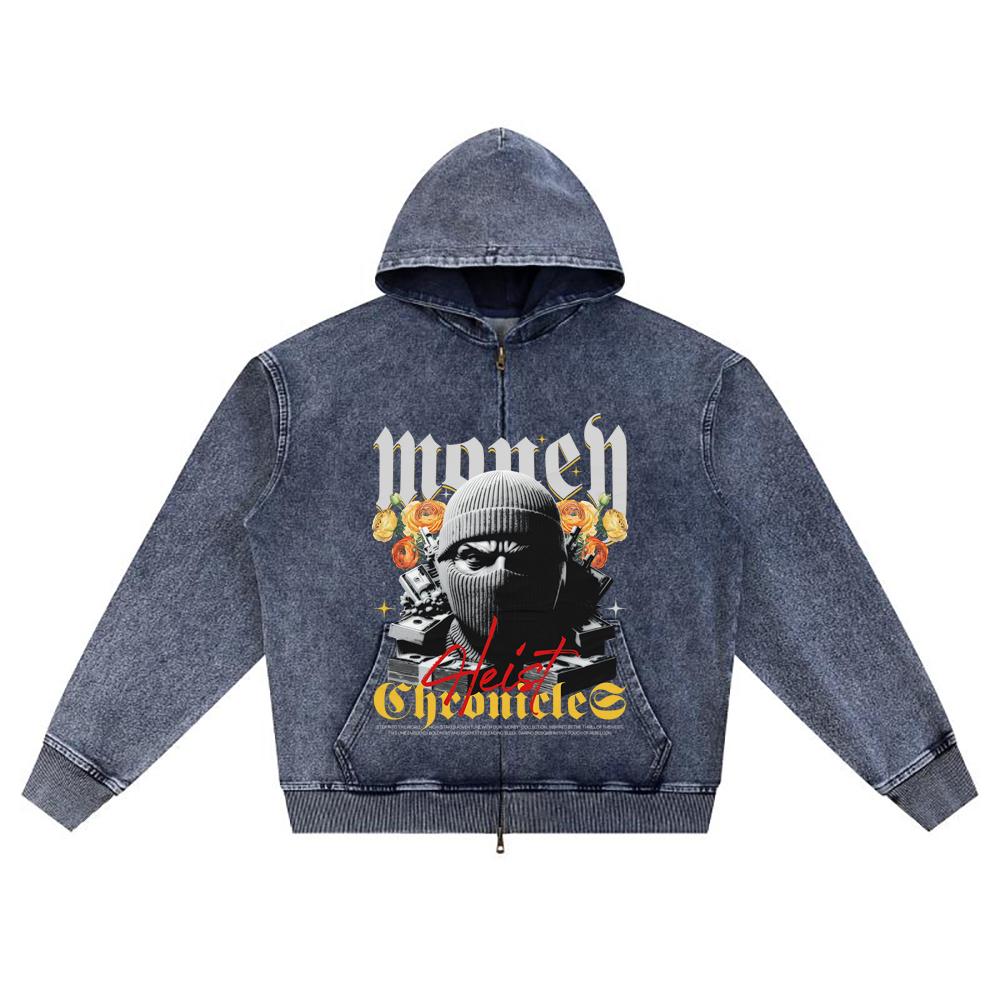 

DTG print Knitted Denim Zip-Up Hoodie Money Brother Print Zipper Hoodies XL