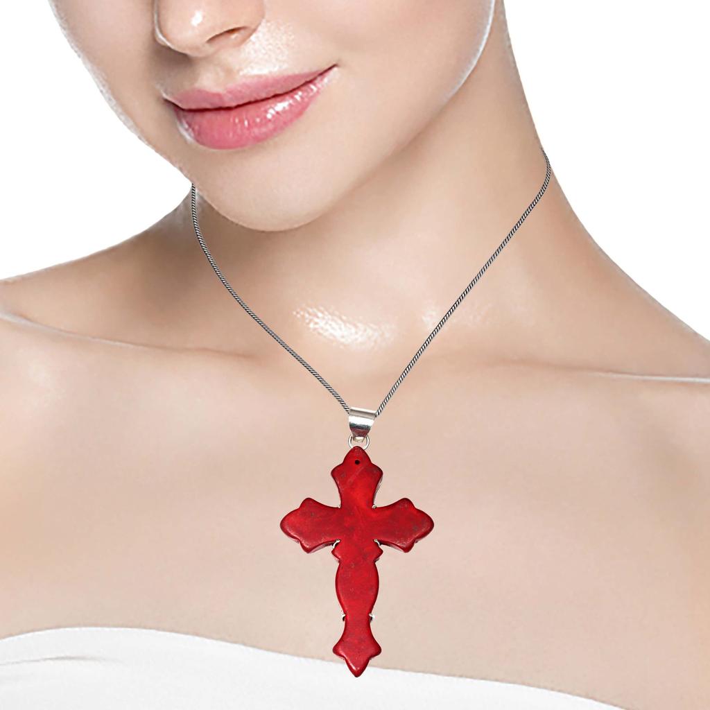 Pendant Red Coral CrosGemstone Handmade Ethnic Silver Jewelry 3.5"