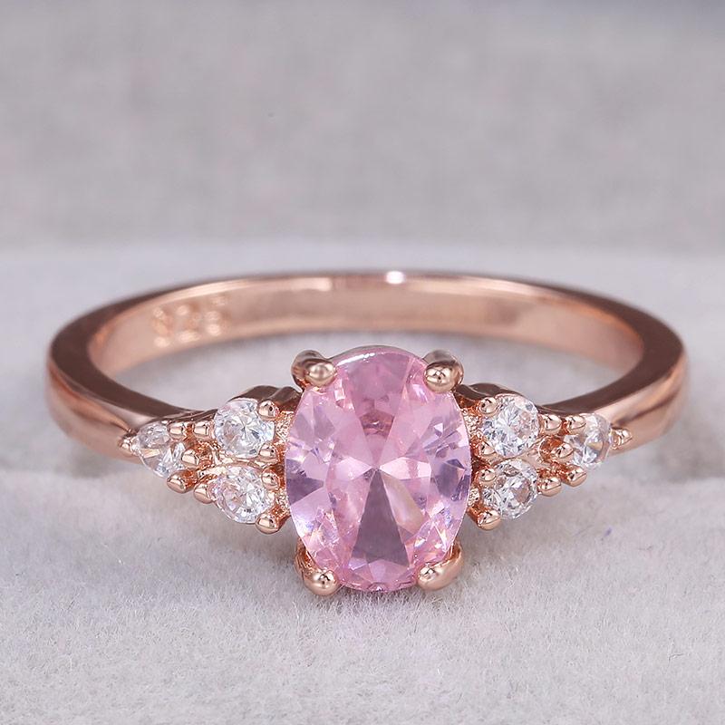 

CAOSHI Exquisite Oval Pink Crystal Stone Rings for Women Romantic Wedding Eternity Zircon Daily Collocation Finger Accessories 6&ROSE GOLD COLOR
