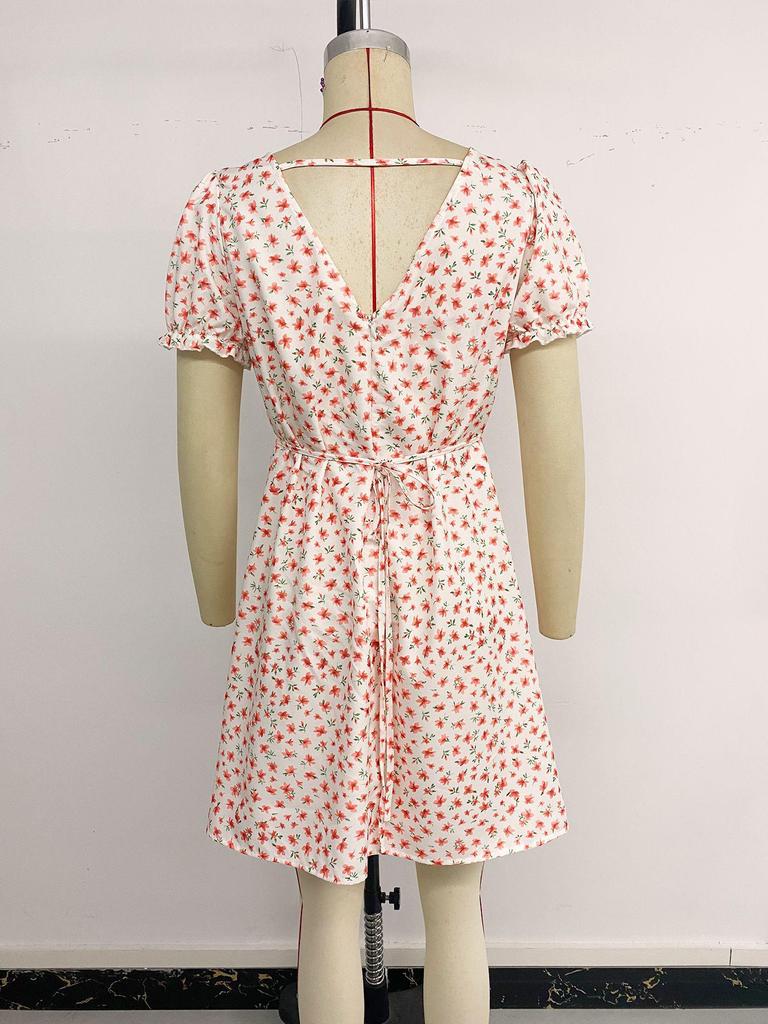 Summer 2026 Floral Print V-Neck Backless Dress – Women's Short-Sleeved Skirt