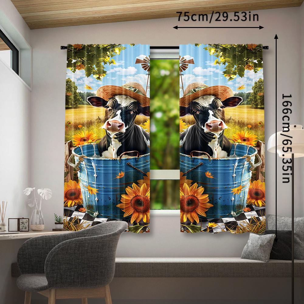 2pcs Farmhouse Sunflower and Cute Little Cow Curtains, Rustic Pastoral Style Rod Pocket Window Treatment, Semi-Transparent Polye