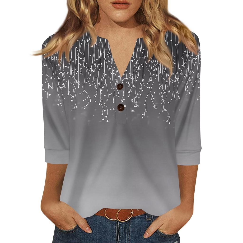 Women's T Shirt Print Button 3/4 Sleeve Daily Weekend Fashion Basic V- Neck Regular Top