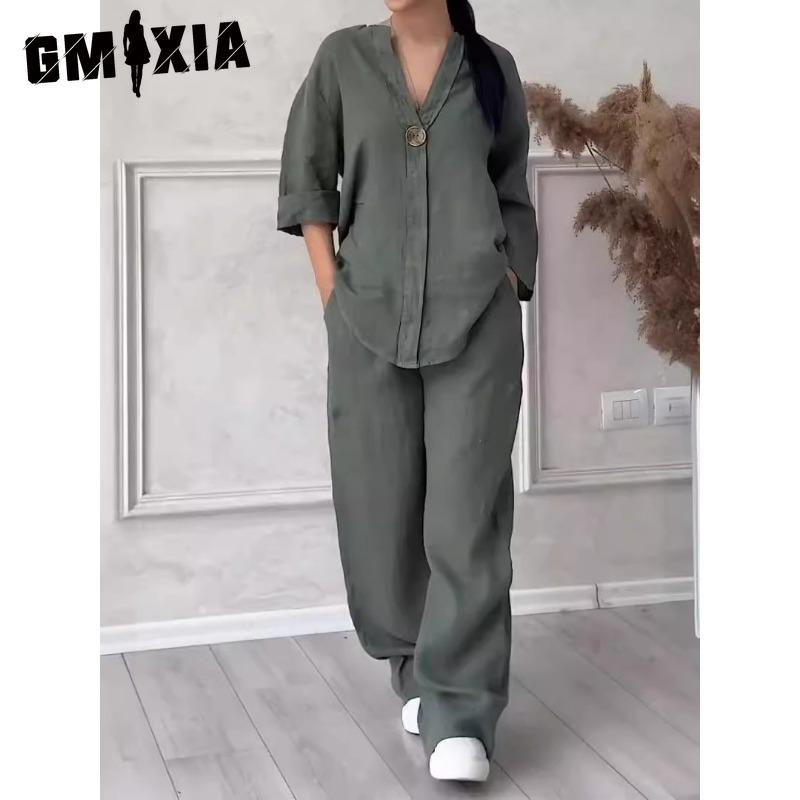 

GMXIA Fashion Женский Удобный Свободный Топ Брюки с Широкими Штанинами Повседневный Костюм из Хлопка и Льна XXXXXL темно-серого