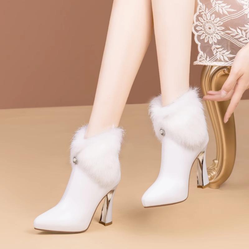 High Heeled Booties Women's Autumn Winter New Fleece Side Zip Stipple Heel Fashion Pointed Toe Fuzzy Shoes