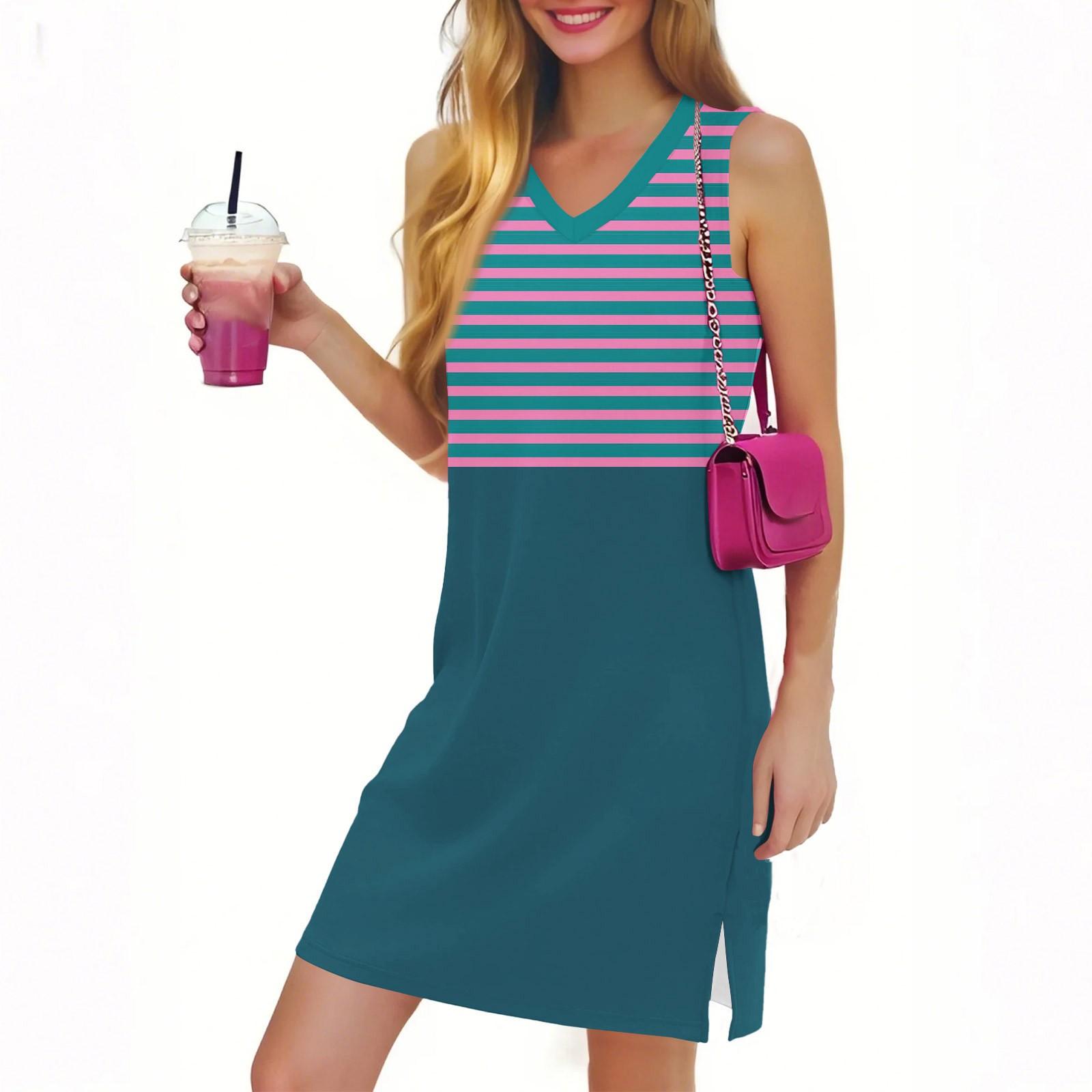 

Жіноча повсякденна модна сексуальна сукня з V-подібним вирізом і без рукавів у смужку XL