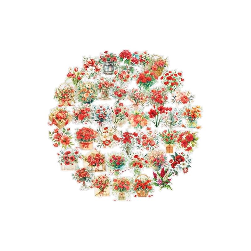 50 Hojas de Pegatinas Transparentes Rojas Impermeables con Flores para Scrapbooking, Pegatinas Florales Botánicas, Perfectas para Diarios, Manualidades y Proyectos de Arte