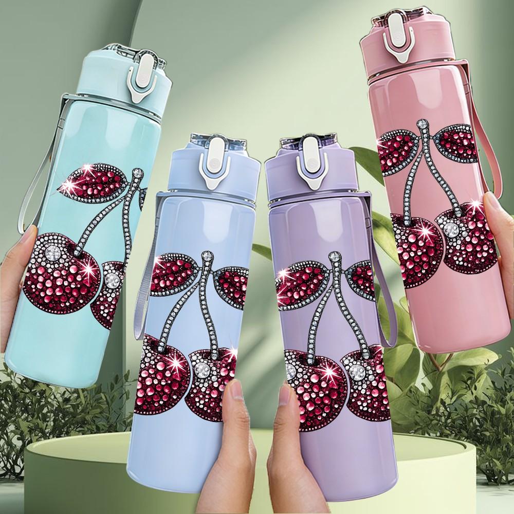 1PC Dark Red Pair Cherry Fruit Print 750ml Color Plastic Sports Water Bottle Leakproof Flip Straw Lid Suitable for Sports Office Home Use