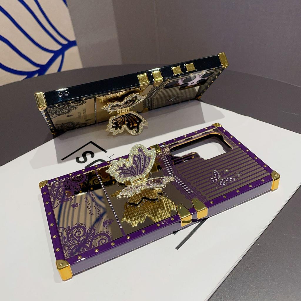 Suitable for Samsung S24 Butterfly Diamond  Inlay Bracket Mobile Phone Case A73 Makeup Mirror Catwalk Square Protective Case High End