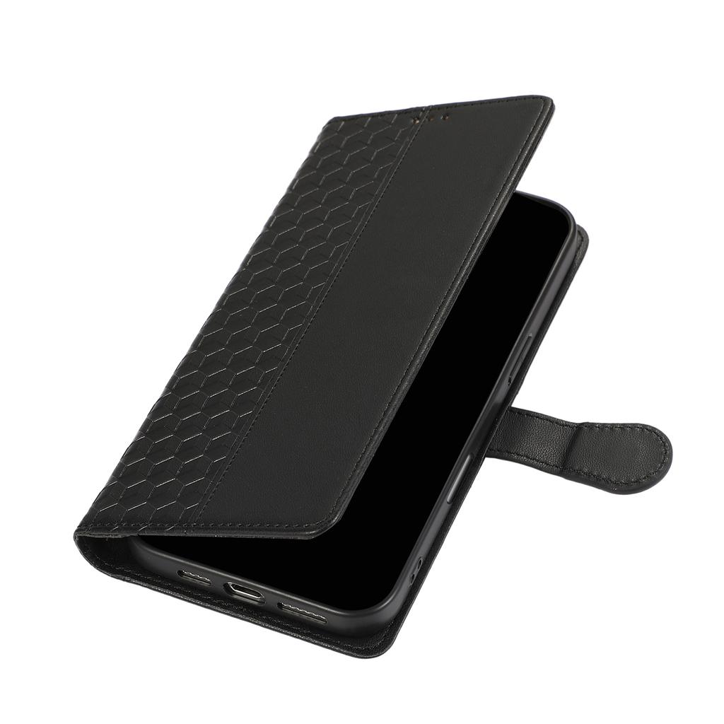 For iPhone 15 Pro Case 3D Rhombus Grid Imprinted Wallet Leather Phone Cover with Lanyard