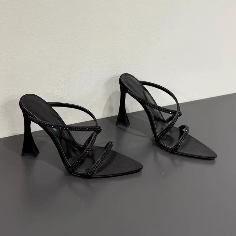 Brown Satin Rhinestone Pointed-Toe High Heel Sandals - Women's Mature Summer Style