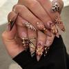 Uñas postizas largas y puntiagudas, estilo europeo y americano con estampado de leopardo, cebra, flores 3D, cadena y decoración de pedrería, uñas postizas reutilizables.