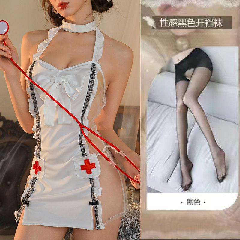 Lingerie Suspender Lace Perspective Nurse Hot Sexy Passion Bed Bow Uniform Cover