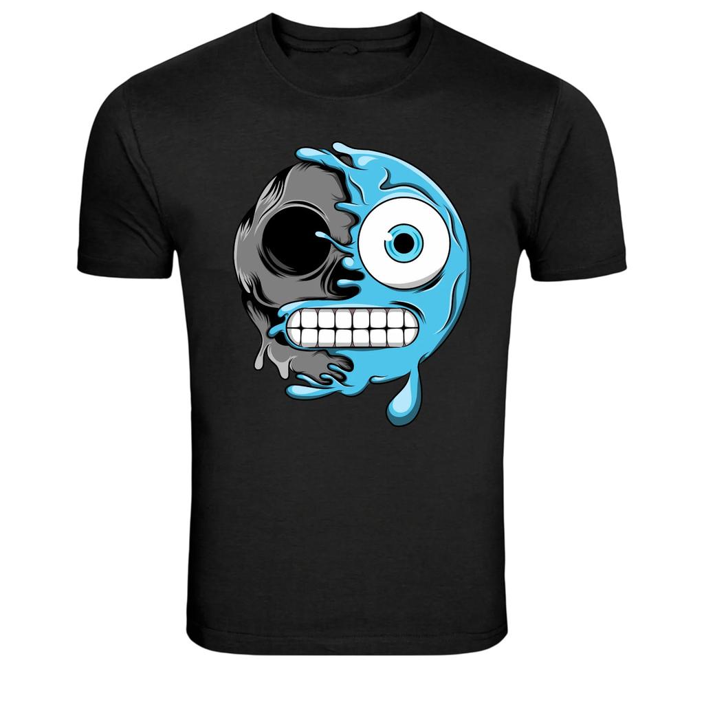 Half Skull Blue Melt Emoji Cartoon Horror Graphic T-Shirt