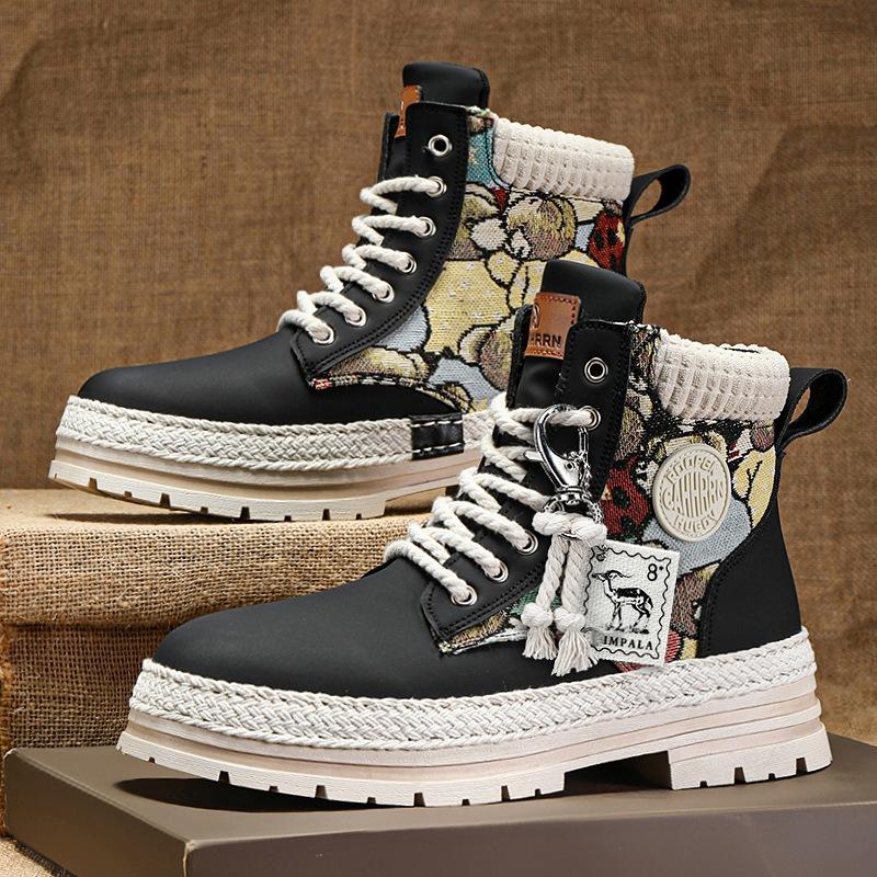 Men's boots autumn and winter high-top Martin boots men's locomotive tooling boots men's velvet leather boots increase height