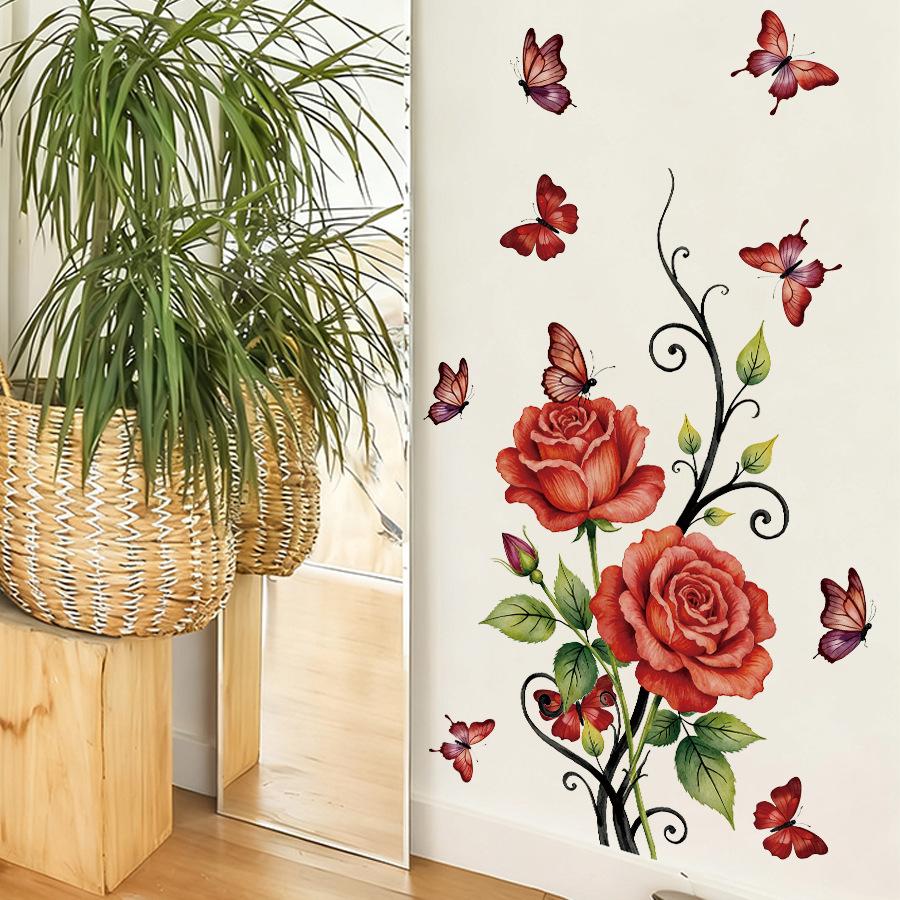 Romantic Vintage Red Rose Butterfly Wall Stickers, Self-Adhesive Decor for Living Room Bedroom Wall Decoration