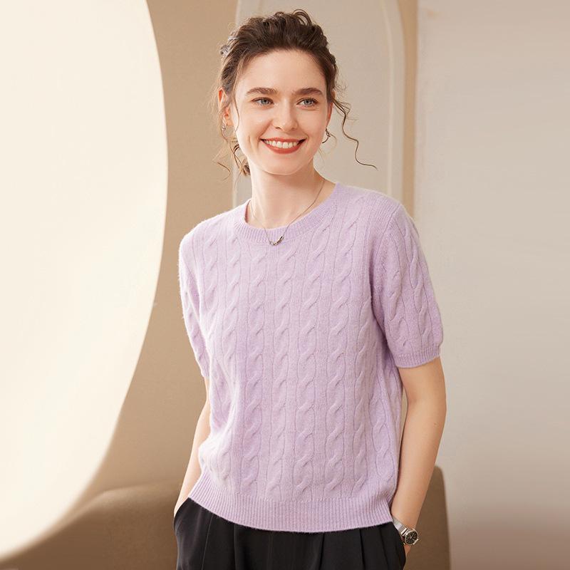 Women's Yellow Cable Knit Cashmere Short-Sleeve Sweater - Autumn/Winter Round Neck Pullover