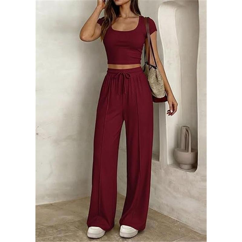 Women's 2-piece Square Neck Short Sleeved Crop Top&high Waist Wide Leg Pants Casual Set
