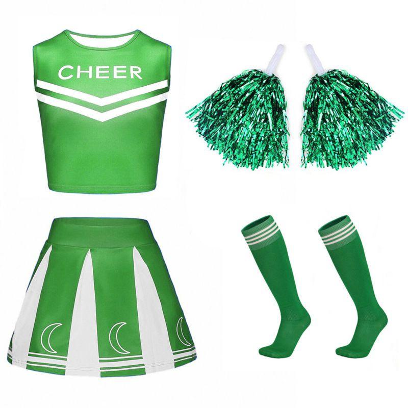 4-12 Years Kids Girls Cheerleader Costume Set Sleeveless Top Skirt Pompoms and Socks