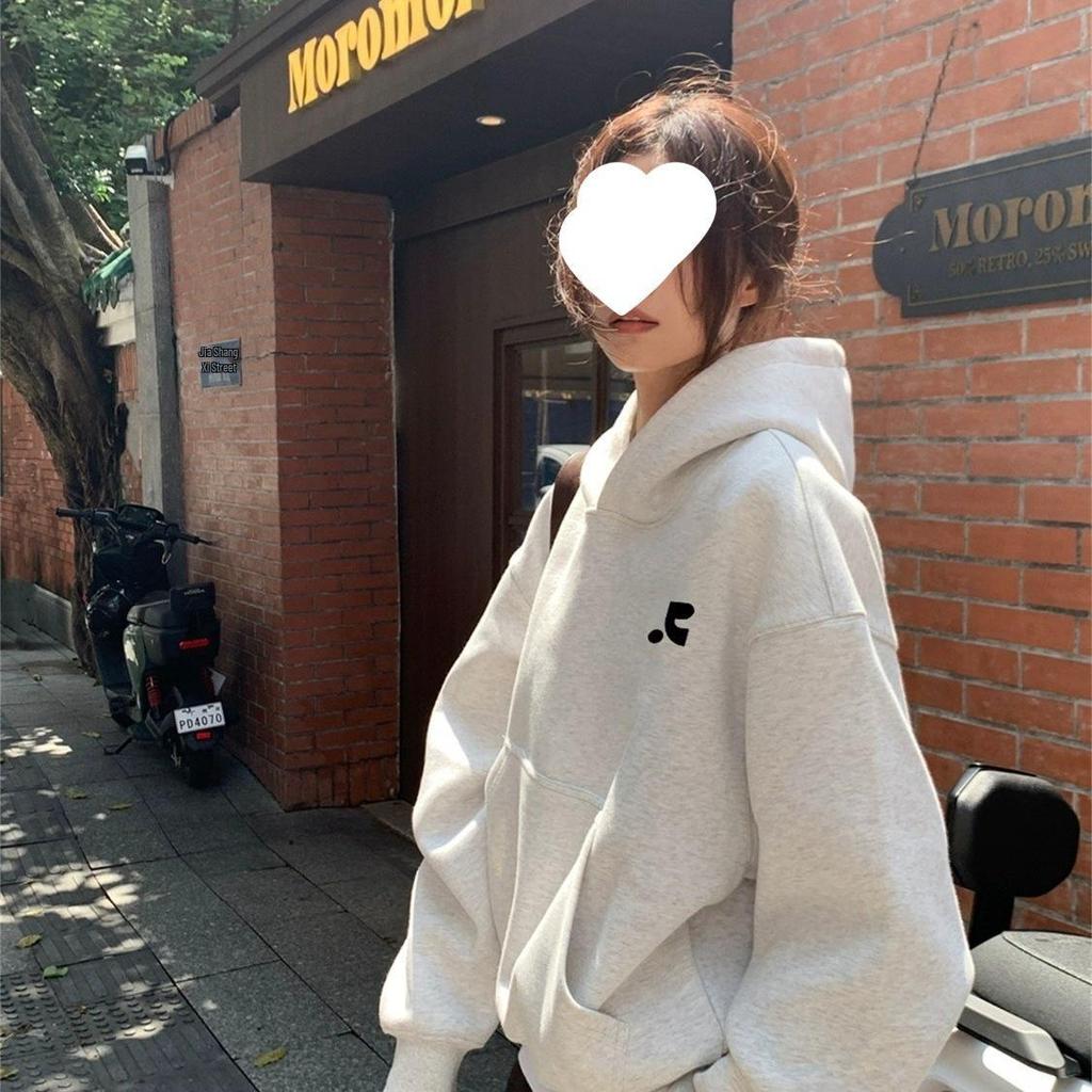 Korean Style Embroidered Women's Hoodie - Solid Color, Casual, Loose, Trendy Early Autumn Top