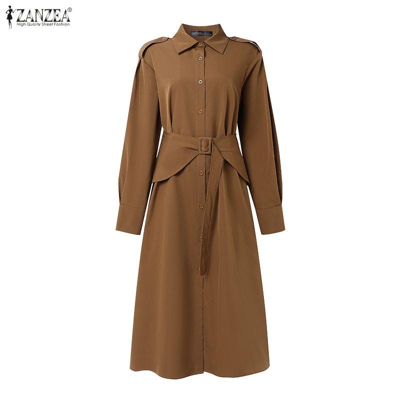 ZANZEA Women Casual Turn Down Collar Loose Long Sleeve Dress