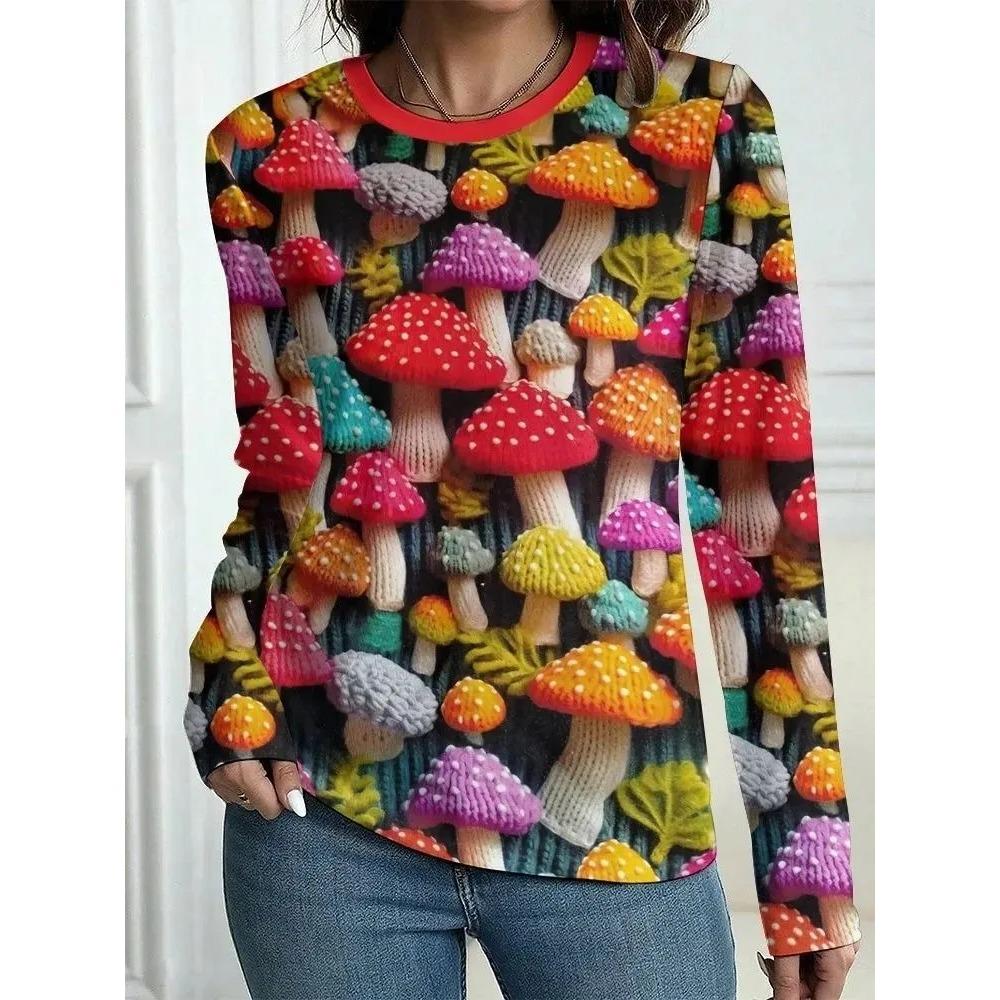 Fashion Mushroom Flowers Pattern 3D Printed T-shirt Autumn Comfortable Breathable Soft Loose Large Size Creative 3D Long Sleeves T-shirt