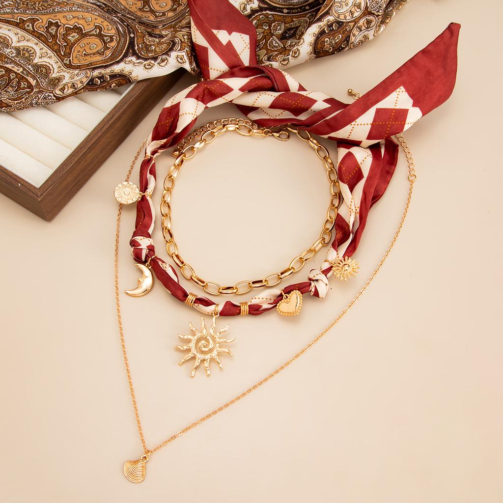 Ocean Vacation Style Starfish Conch Pendant Necklace, Creative Silk Scarf Stacked Collarbone Chain Necklace Women
