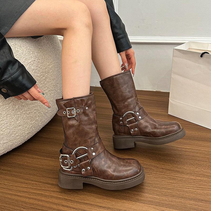 Metal Belt Buckle Skinny Short Boots Women's Spring New Explosive Retro Round Toe Sleeve Versatile Block Heel Mid-leg Boots