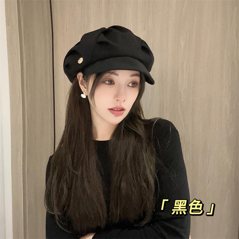 Beret women's autumn new face small cloud hat big head circumference wrinkled octagonal hat painter newsboy hat