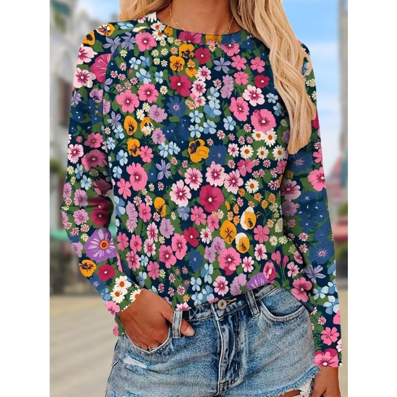 Women's Long-sleeved T-shirt, Retro Floral Print Casual Top, Fashionable and Versatile