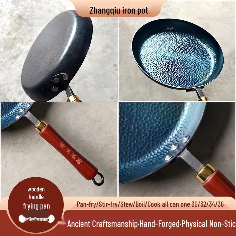 Ručně kovaný litinový nepřilnavý wok s plochým dnem a dřevěnou rukojetí