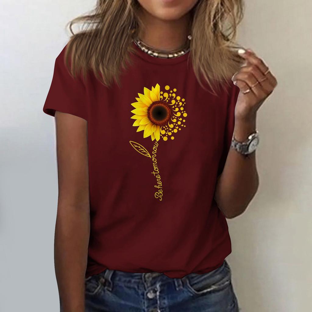 Sunflower Ladies Cute Print Short Sleeve Round Neck Front Shoulder Vintage Short Sleeve Summer Loose Shirt Top