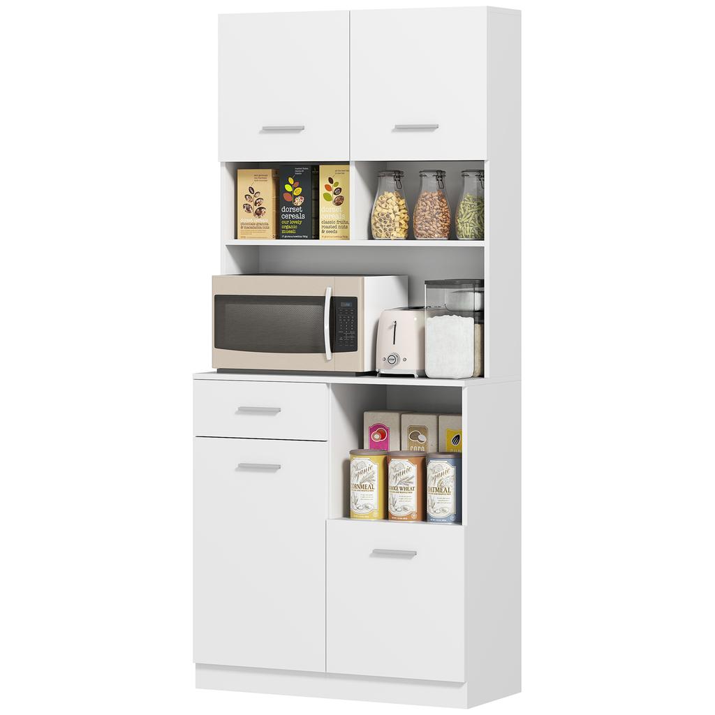 Mobile Dispensa in Legno con Cassetto, 4 Ante e 3 Ripiani Aperti, 80x35x180 cm, Bianco