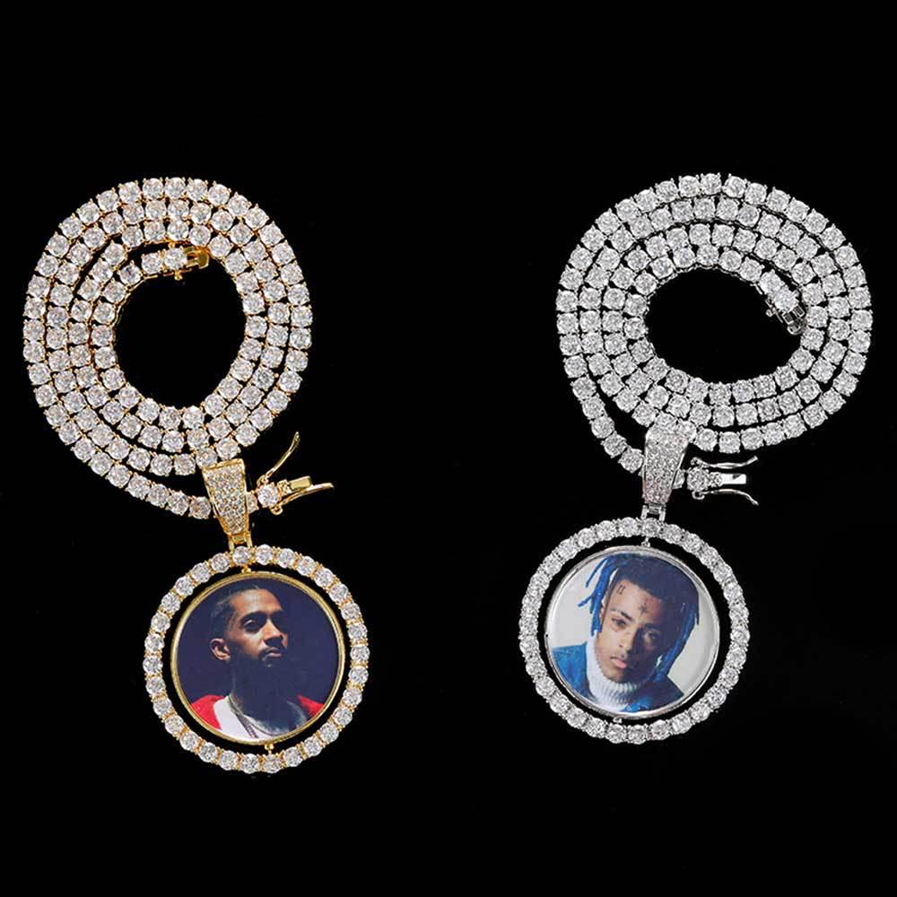 Rotatable Double-Sided Zircon Photo Pendant Necklace