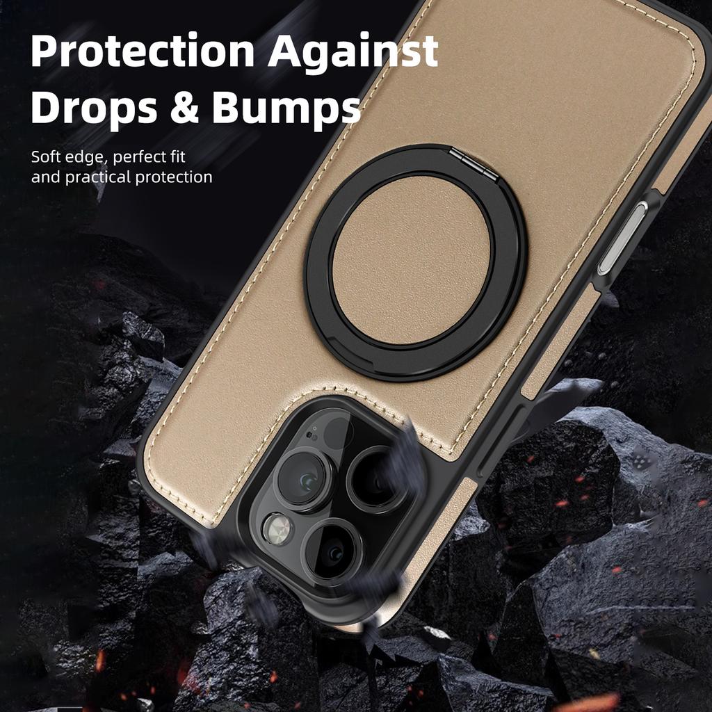 For iPhone 16 Pro Max Case with Ring Kickstand Compatible with MagSafe PU Leather Back Cover