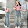Trendiga jeans för flickor med vår- och höstbroderi, byxor med vida ben, lösa och lediga raka byxor