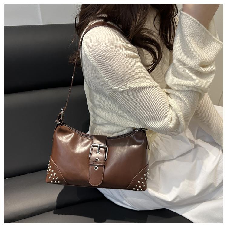 Retro Distressed Faux Leather Shoulder Bag for Women, Biker Style Rivet Pin Closure Clutch, Trendy Baguette Crossbody Handbag CLE