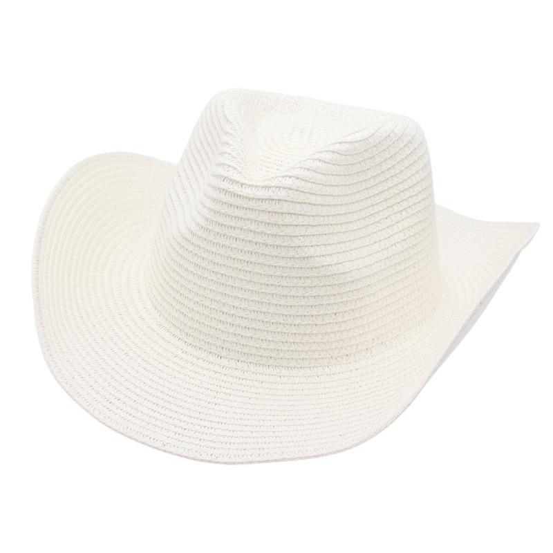 Adjustable Lightweight Wide Brim Solid Woven Panama Curled Straw Western Cowboy Visor Sun Hat With Accessories for Seaside Beach